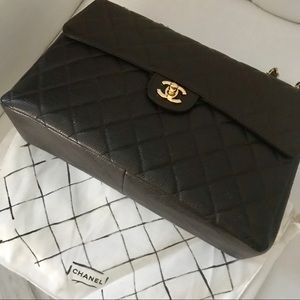 Authentic Chanel Brown Leather Caviar Jumbo Bag